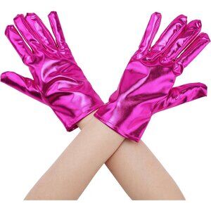 Women's Hot Pink Shimmer Metallic Shiny Full Finger Short Gloves Party Costume